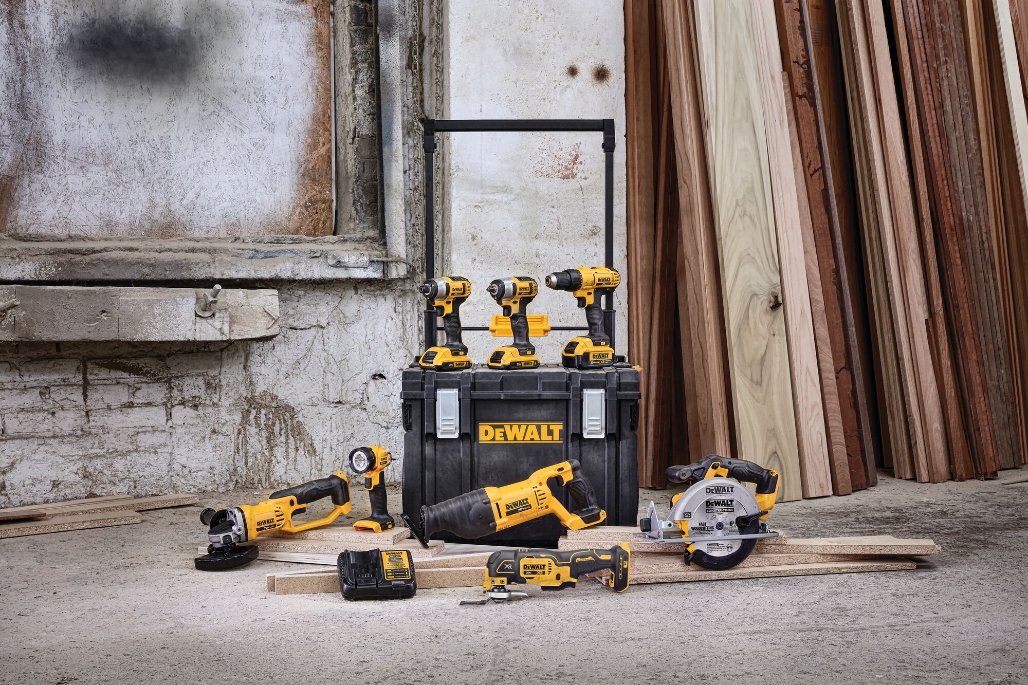 Lithium Ion 8 Tool Combo Kit with Tough System placed at construction site.