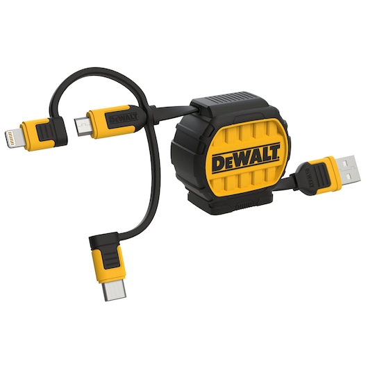 DEWALT 3-in-1 cable with a close-up of the rugged housing and versatile USB-C and Lightning adapters