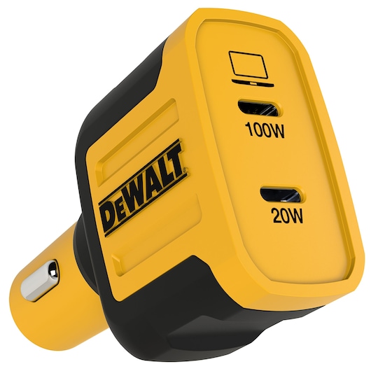 120W car charger with dual USB-C ports, designed for fast charging multiple devices simultaneously.