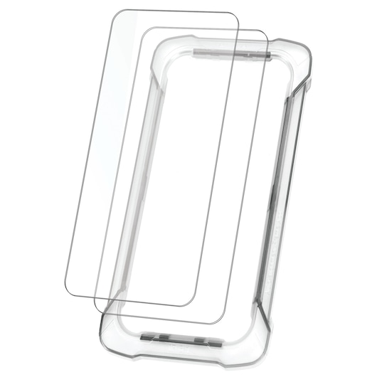 Hero show with product packaging for the DEWALT iPhone Screen Protector, highlighting 2 Pack and Install Frame.