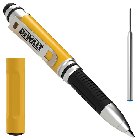 Uncapped 3-in-1 stylus pocket pen with blue ink refill, featuring a stylus, pen, and nylon tap-tip.