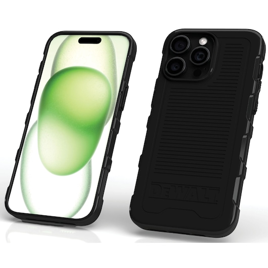 Hero shot of DEWALT iPhone Case from the front and the back to showcase durability.