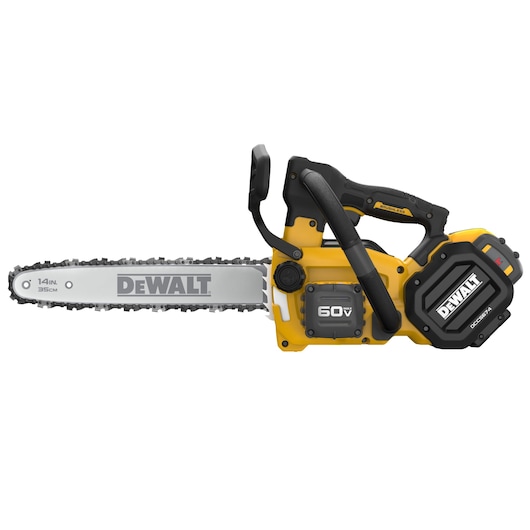 极速168赛车一分钟实时开奖网 60V MAX Brushless Cordless Top Handle Chainsaw Kit with FLEXVOLT battery viewed straight on showing the front of the tool on white background