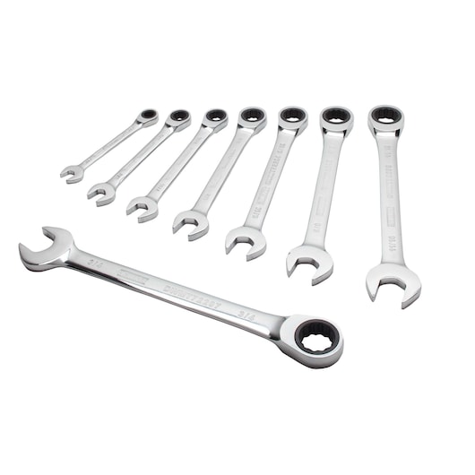 Profile of DEWALT 8 piece ratcheting combination wrench set.