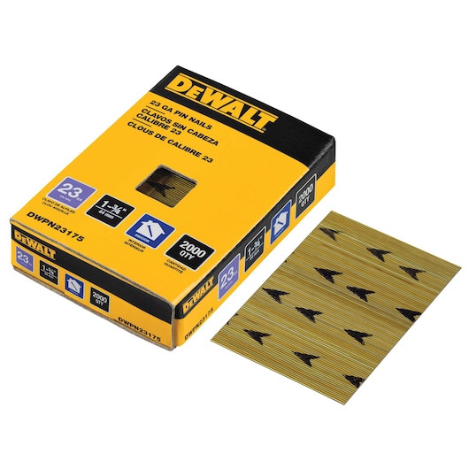 1-three quarters inch 23-Gauge Pin Nails in box packaging.